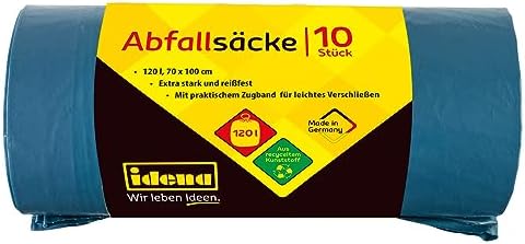 Idena 50056 Waste Bags, Blue, 1 Roll of 10 Pieces, 120 Litres, 40µ Extra Strong and Tear-Resistant, with Practical Drawstring, Drawstring Bags