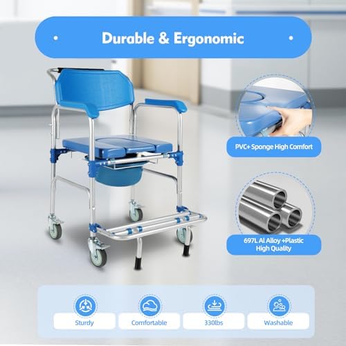 350lb Rolling Shower and Commode Chair for Elderly,Handicap Shower Wheelchair with Locking 360° Wheels & Removable Potty/Footrests, Portable Toilet Bath Chair for Adults, Disabled