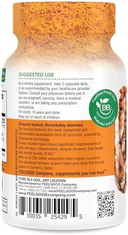 FeelGood Superfoods - Turmeric Curcumin Capsules - Ultra High Absorption - 60ct - 1000mg per Serving