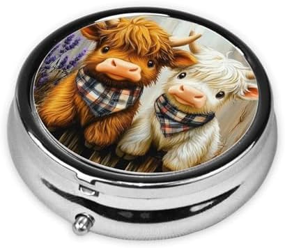 Cute Highland Cow Print Round Pill Box 3 Compartment Decorative Pocket Purse Portable Mini Travel Medicine Holder Organizer