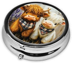 Cute Highland Cow Print Round Pill Box 3 Compartment Decorative Pocket Purse Portable Mini Travel Medicine Holder Organizer