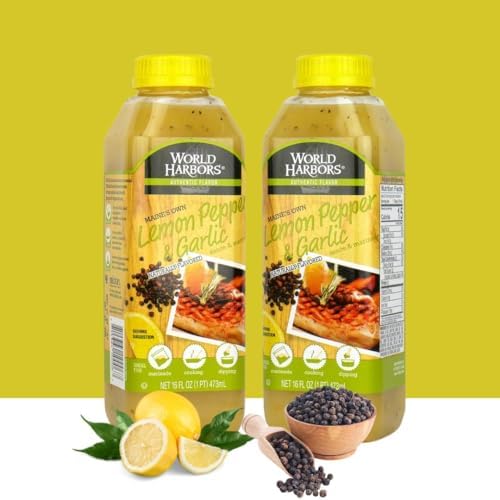 World Harbors Lemon Pepper Garlic Sauce & Marinade, Made in Maine, Ideal for Turkey Injector, Chicken Wings, Seafood, Grilled Meats, Stir-Fries, Sandwiches, Salads, Garnish Dipping, 16 oz