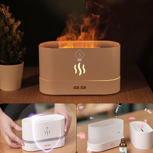 Essential Oil Diffuser, Humidifier with 7 Colors Flame Light, Portable, noiseless,180ml Air Humidifiers for Bedroom, Home, Office-Portable, Auto-Off Aromatherapy Diffuser with Modes Fire Mist (White)
