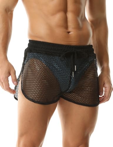 Rexcyril Men's Mesh Shorts Sexy See Through Underwear Sheer Fishnet Split Side Boxer Briefs