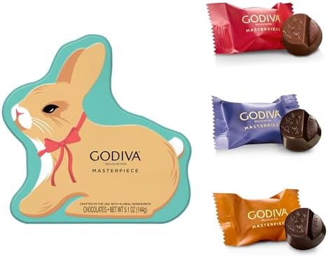Godiva Masterpieces Easter Bunny Tin, Assorted Milk & Dark Chocolate with Ganache & Caramel, Gourmet Easter Chocolate Gifts, Kosher, 15 Pc