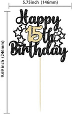 Gyufise 1Pc Happy 15th Birthday Cake Topper Black Gold Glitter Cheers to 15 Years Birthday Cake Pick 15 Fabulous Cake Decoration for Happy 15th Birthday Anniversary Party Supplies
