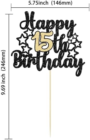 Gyufise 1Pc Happy 15th Birthday Cake Topper Black Gold Glitter Cheers to 15 Years Birthday Cake Pick 15 Fabulous Cake Decoration for Happy 15th Birthday Anniversary Party Supplies