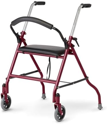 Medline 2-Wheel Rollator Walker, for Adults and Seniors, 300 lb. Weight Capacity, Burgundy, 5-Inch Wheels, Padded Seat, Foldable, Adjustable Handles, Pressure-Activated Brakes