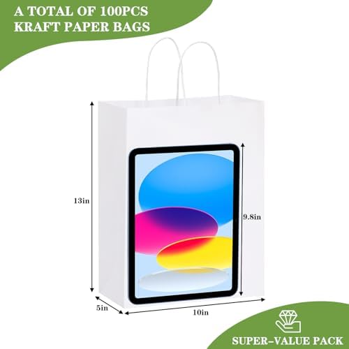 OUTUXED 100pcs 10x5x13in White Paper Gift Bags Kraft Large Paper Bags with Handles Bulk for Business, Shopping, Grocery, Retail, Birthday Wedding Party Favor, Merchandise
