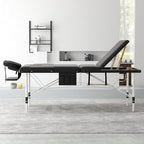 ABET Massage Table, 3 Fold Portable Professional Lash Tattoo Spa Bed, Height Adjustable 23.5" Wide Compact Facial Table with Detachable Oil Pocket Towel Rod Face Cradle Armrest, Aluminum Feet & Black