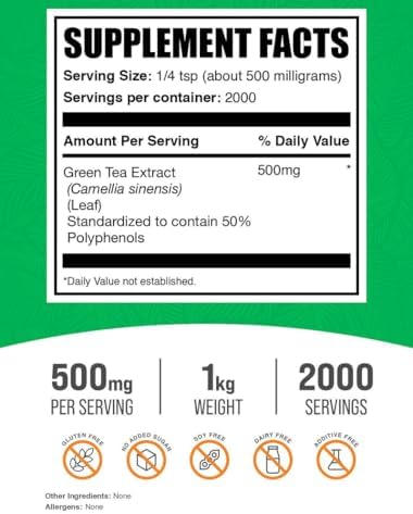 BulkSupplements.comgreen Tea Extract Powder - 50% Polyphenols Supplement, EGCG Supplements - Gluten Free, 500mg per Serving, 1kg (2.2 lbs) (Pack of 1)