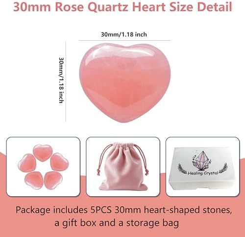 5PCS Rose Quartz Heart Stones, Polished Love Shaped Rose Quartz Crystals, Rose Quartz Natural Gemstones Hearts Set for Valentines Gifts-1.2"