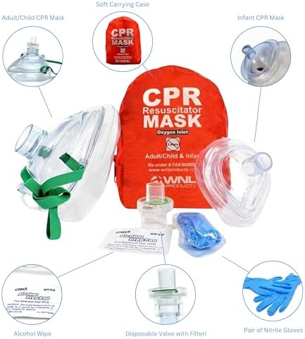 WNL Products CPR Rescue Mask, Adult/Child & Infant Pocket Resuscitator, Soft Case Kit with Belt Clip 10 Pack