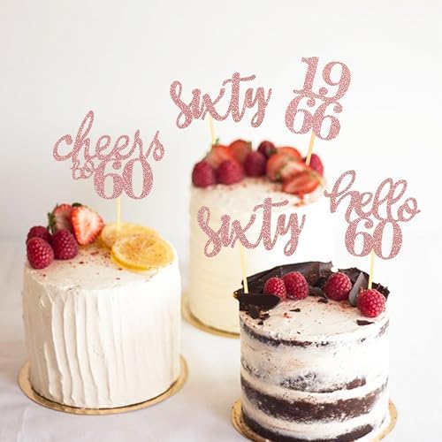 24 Pcs Glitter 60th Birthday Cupcake Toppers for Celebrating Sixty Years Old Birthday Party Decorations (Rose Gold)