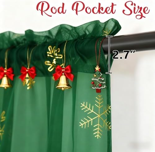 MikiUp Christmas Snowflakes Sheer Curtains, Gold Foil Printed Semi Sheer Drapes, Rod Pocket Xmas Decoration Window Treatment Panels for Bedroom Living Room, Green 52 x 84 inch