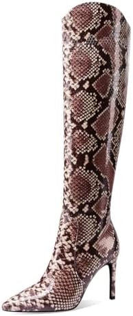 JANSEVEN Snakeskin Knee High Boots for Women Snake Skin Tall Boot with Stiletto High Heel Python Print Pointed Toe Fashion Boots Side Zipper