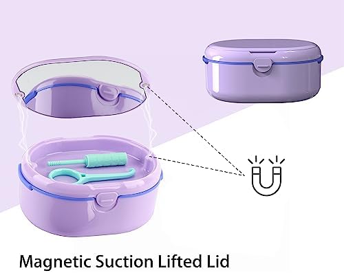 MURRI&MURRDI Retainer Case, Denture Bath Box with Strainer Basket, Mouth Guard Case Purple Braces Cleaner Cup, Cute Denture Holder Retainer Storage Soak Container for Travel (D Purple)