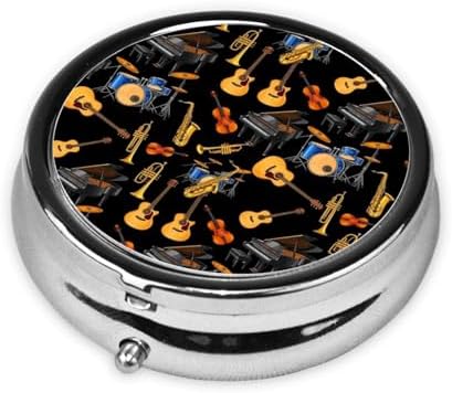 Small Pill Box 3 Compartment Round Travel Pill Box Portable Compact Medicine Holder for Vitamin, Cod Liver Oil (Music Instrument Piano Saxophone Guitar)