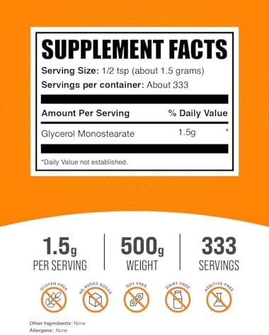 BulkSupplements.com Glycerol Monostearate Powder - Glycerol Supplement, GMS Powder - Unflavored, Food Grade & Gluten Free, 1.5g per Serving, 500g (1.1 lbs) (Pack of 1)