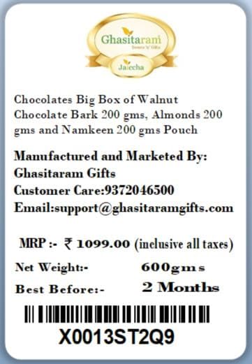 Ghasitaram Gifts Christmas Gifts Christmas Chocolates Big Box of Walnut Chocolate Bark 200 GMS, Almonds 200 GMS and Namkeen 200 GMS Pouch