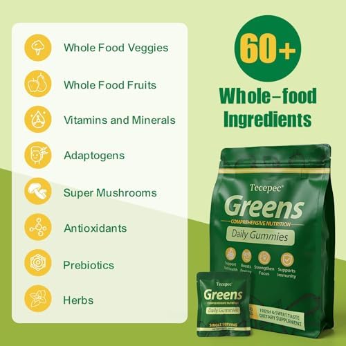 Greens Daily Gummies, Superfood Fruits and Veggies Blend with Spirulina, Chlorella, Prebiotics & Fiber, Adaptogens Multivitamin Supplement for Women & Men Digestive Health, Non-GMO, 240 Count