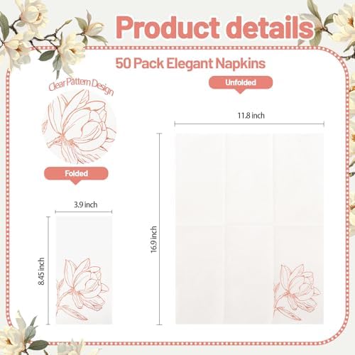 50 Pack Rose Gold Napkins - Magnolia Disposable Napkins - Cloth-Like Feel Dinner Paper - Heavy Duty Floral Hand Towels for Bathroom Wedding Holiday Party Bridal Decorative Towels Mother's Day
