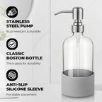 16 oz Hand and Dish Soap Dispenser Set for Kitchen and Bathroom, 500ml Clear Glass Soap Dispenser with Stainless Steel Pump, Non-Slip Silicone Sleeves, Labels - 2 Pack