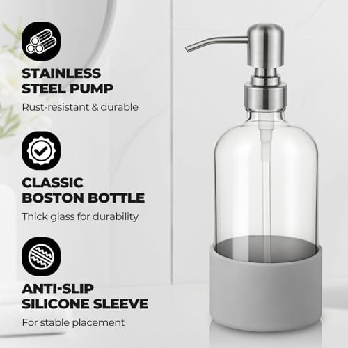 16 oz Hand and Dish Soap Dispenser Set for Kitchen and Bathroom, 500ml Clear Glass Soap Dispenser with Stainless Steel Pump, Non-Slip Silicone Sleeves, Labels - 2 Pack