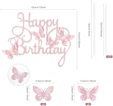 13pcs Butterfly Happy Birthday Cake Toppers, Pink Glitter Butterfly Theme Cake Cupcake Toppers for Girls Women Birthday Decorations