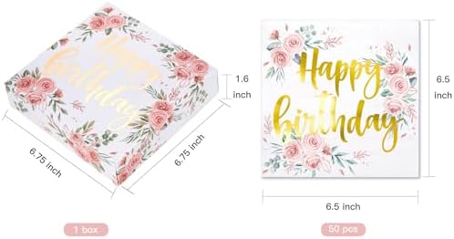 WRAPAHOLIC 50Pcs Gold Floral Happy Birthday Napkins - 3 Ply Disposable Paper Luncheon Napkin for Birthday Tableware Party Supplies - 6.5 x 6.5 In