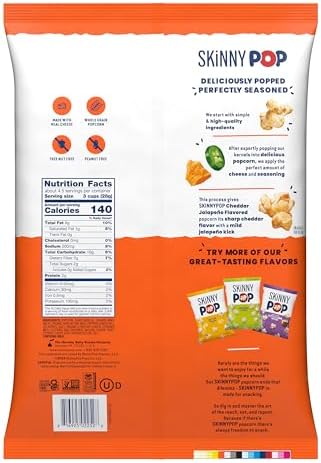 SkinnyPop Popcorn, Cheddar Jalapeño, Made with Real Cheese, Whole Grain Snack, 4.4oz Bag