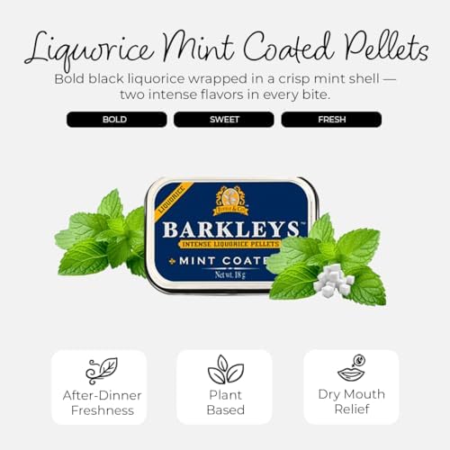 Barkleys Black Licorice Candy, Mint Coated - Licorice Pellets Covered with Refreshing Mint- Gluten Free Licorice, Gelatine Free, Vegan (1 Can x 18 gr.)