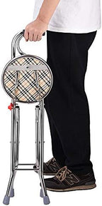 Folding Walking Stick with 9" Padded Seat Portable Stainless Steel Quadripod Support Cane Chair Stool with Anti-Slide Feet for Elderly Limited Mobility Physical Rehabilitation(Quadripod Cane Stool)