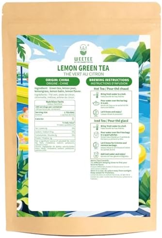 WT WEETEE Green Tea with Lemon, 100 Count Lemon Green Tea Bags, Flavored Green Leaves with Lemonpeel Lemongrass Lemonbalm