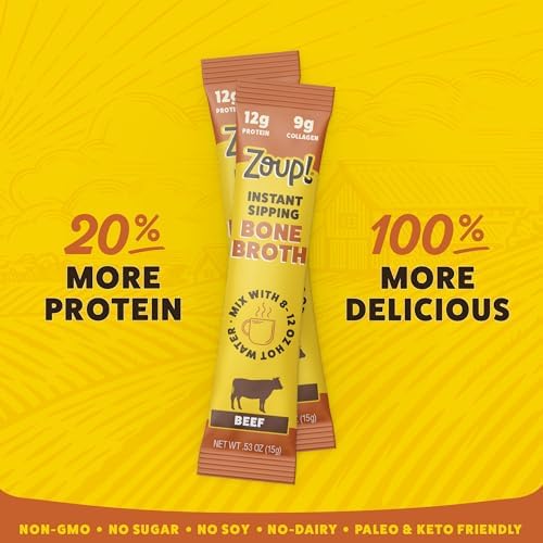 Zoup! Instant Sipping Bone Broth Mix - Paleo and Keto Friendly with 12 Grams of Protein - Non-GMO - Bone Broth Protein Powder Packets To Go - Beef, .53 oz. (Pack of 30)