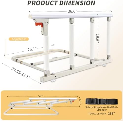Bed Rails for Elderly Adults Safety, Folding Bed Assist Rails for Seniors, Bed Handle Bedside Assist Guard Rails for Adults, Fall Prevention Safety with Collapsible Bedrails, 37x20