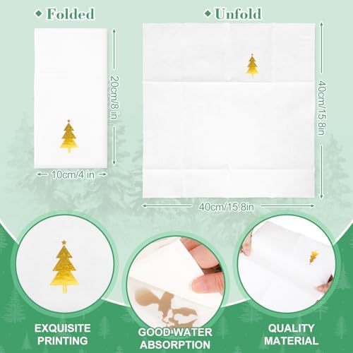 Whaline 100 Pcs Christmas Tree Linen Feel Napkins with Built-in Flatware Pocket Gold Foil Pine Tree Disposable Paper Napkins for Xmas Holiday Party Dinner Table Supplies