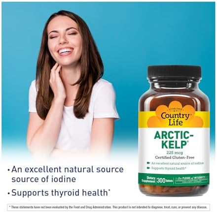 Country Life Arctic-Kelp – Natural Iodine Supplement for Thyroid and Immune Support – Vegan, Gluten-Free, 225 mcg – Ideal for Thyroid Health, Hypothyroidism, and Adrenal Support, 300 Tablets