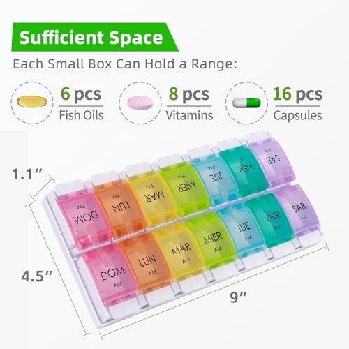 Spanish Pill Organizer 7 Weekly Two Times per Day AM PM with Spring Open Design, Medication Organizer Spanish, Vitamin Planner, Organizador de Pastillas en Español, Spanish Pill Box