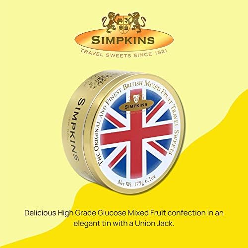 Simpkins Mixed Fruit Drops - Old-Fashioned and Original Travel Sweets in Union Jack Flag Tin - All Natural Fruit Hard Candy Drops - Assortment of Citrus and Forest Fruit Hard Candy in a Tin (6.1 oz)
