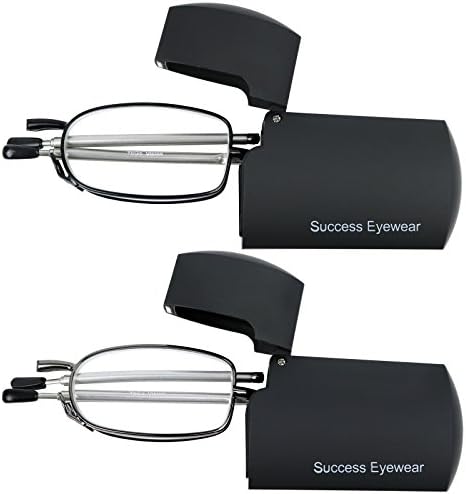 Success Eyewear Reading Glasses 2 Pair Black and Gunmetal Readers Compact Folding Unisex Glasses for Reading Case Included