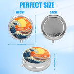 Pill Box, 3 Compartments Small Pill Case Travel Portable Metal Medicine Box with Mirror Mini Container for Purse Pocket Women Men(Great Wave Sunset)