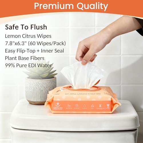 WONDERFUL Flushable Butt Wipes, Lemon Citrus 100% Plant-Based Wet Wipes for Adults & Kids; Sewer, Septic Safe; Gentle on Sensitive Skin, Wipes Flushable Pack for Bathroom & Travel, 3-Pack (180 Counts)