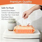 WONDERFUL Flushable Butt Wipes, Lemon Citrus 100% Plant-Based Wet Wipes for Adults & Kids; Sewer, Septic Safe; Gentle on Sensitive Skin, Wipes Flushable Pack for Bathroom & Travel, 3-Pack (180 Counts)