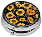 Sunflower Style6 Print Round Metal Pill Box with 3 Compartment for Pocket or Purse Travel Bag Mini Small Size 2 inche