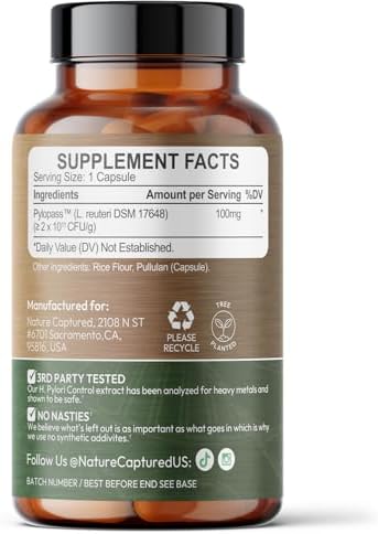 H Pylori Control - with Pylopass™ - Lactobacillus Reuteri DSM 17648-60 Capsules - 200 Billion CFU/g - Supports Elimination of Bad Bacteria in Stomach & Gut - GMP - Additive Free
