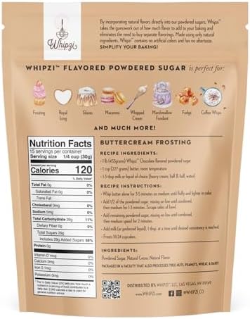 Whipzi Chocolate Flavored Powdered Sugar - Confectioners Sugar for Baking, Frosting, Royal Icing, Glazes, Coffee & Desserts - 1:1 Powdered Sugar Replacement - Gluten Free, Vegan Baking Sugar - 3 Pack
