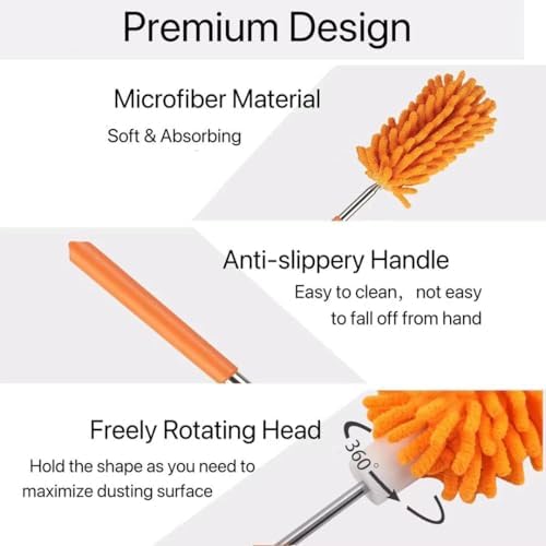 Microfiber Duster for Cleaning,6 Pcs Hand Washable Dusters with 11" to 29.5" Reachable Pole,Small Dusters for Cleaning Office Car Computer Furniture Sofa Ceiling Fan (Orange)