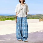 Women's Blue White Tie Dye Wide Leg Pants Flowy Fall Lounge Trousers Relaxed Fit Breathable Beach Yoga Casual