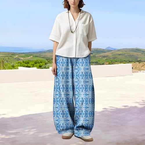 Women's Blue White Tie Dye Wide Leg Pants Flowy Fall Lounge Trousers Relaxed Fit Breathable Beach Yoga Casual